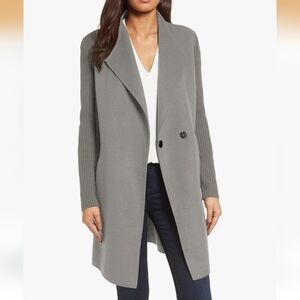 Kenneth Cole Women's Double Breasted Ribbed Sleeve Wool Blend Coat